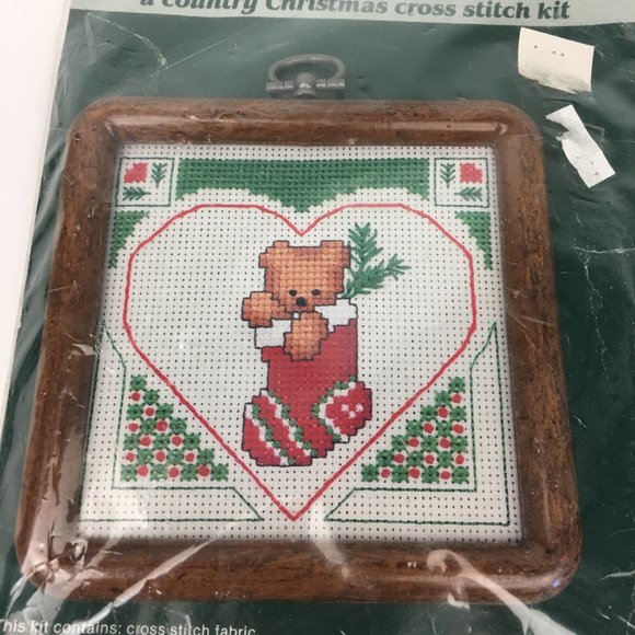 Vtg 1987 Dale Burdett Country Christmas Cross Stitch Kit Teddy Bear in Stocking - Picture 2 of 9
